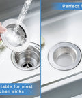 Two Pack Stainless Steel Sink Strainers For Most Kitchen Drain Baskets 4.5 Inch Outer Diameter Upgraded Double Layer Safe Design shown in use