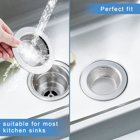 Two Pack Stainless Steel Sink Strainers For Most Kitchen Drain Baskets 4.5 Inch Outer Diameter Upgraded Double Layer Safe Design shown in use