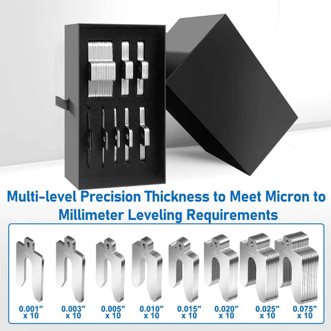 80 Piece Size A 2 By 2 Inch Stainless Steel Slotted Shim Go To Pro Grade Shop Kit with Box shown open with shims visible.