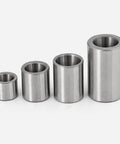 4 metal sleeve bushings varying in size, showcasing 5mm Inner Diameter 304 Stainless Steel Sleeve Bushing Bearing, Waterproof And Rustproof.
