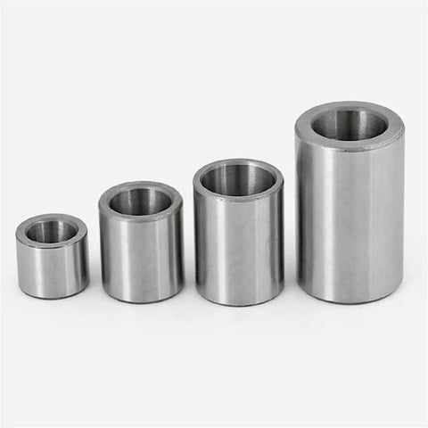 4 metal sleeve bushings varying in size, showcasing 5mm Inner Diameter 304 Stainless Steel Sleeve Bushing Bearing, Waterproof And Rustproof.