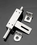 Sliding Bolt Gate Latch with Padlock Hole Heavy Duty 304 Stainless Steel Barrel Door Latch on black surface, components visible