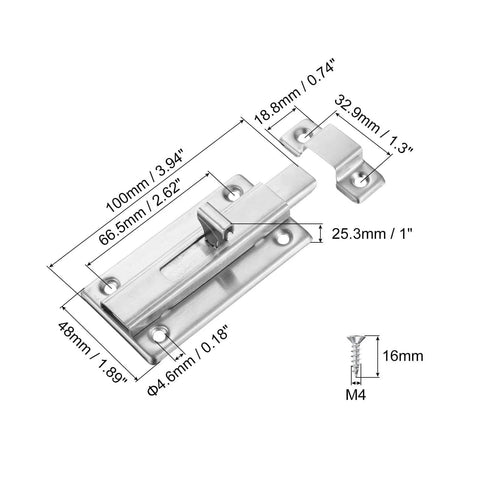 Door Latch Sliding Lock for Doors Stainless Steel with mounting dimensions and screws shown, ideal for bathroom and bedroom doors.