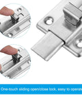 Stainless steel door latch sliding lock for doors with easy mounting hole pattern and smooth sliding action, single latch view.