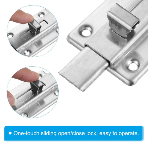 Stainless steel door latch sliding lock for doors with easy mounting hole pattern and smooth sliding action, single latch view.