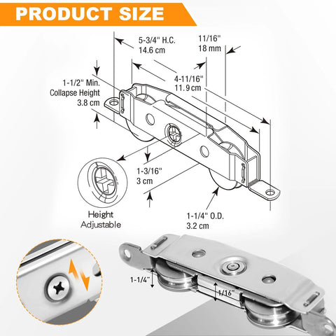 Sliding Door Rollers 2 Pack, 304 Stainless Steel Replacement For Patio Sliding Glass Doors, size dimensions diagram