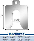 Stainless Steel Slotted Shim Kit 80 Piece Set Size D 5 Inch By 5 Inch with thickness options and measurements shown.