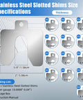 156 Piece Size A 2x2 Stainless Steel Slotted Shim Kit With Feeler Gauge And Storage Box, thickness details and measurements chart