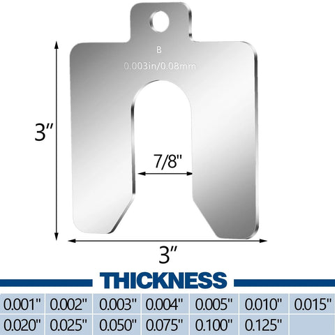 Stainless Steel Slotted Shims Kit 130 Pcs Size B 3 Inch By 3 Inch With Storage Box Leveling Set, 0.003 in thickness shown.