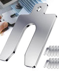 40 Piece 304 Stainless Steel Slotted Shim Kit With 8 Different Thicknesses And 5 Pieces Each 2 Inch By 2 Inch Spacers Laser Cut Precision Rust Resistant Durable Steel Shims In Sturdy Storage Box For Auto Machinery And Cabinet Work For Pros And DIYers, showing shim and hand installing it