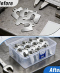 156 Piece Size A 2x2 Stainless Steel Slotted Shim Kit With Feeler Gauge And Storage Box on workbench, before and after view