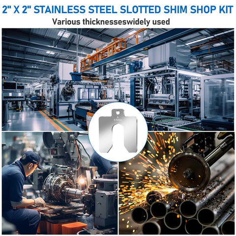 80 Piece Size A 2 By 2 Inch Stainless Steel Slotted Shim Go To Pro Grade Shop Kit with Box, shown in industrial setting