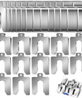 Stainless Steel Slotted Shims Kit 130 Pcs Size B 3 Inch by 3 Inch with storage box, layering of 13 thicknesses, shown stacked and open box view