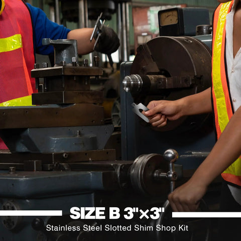 Workers using Stainless Steel Slotted Shims Kit 130 Pcs Size B 3 Inch By 3 Inch with machinery in industrial setting