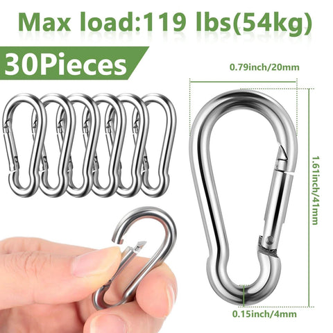 Close-up of 30 Pcs Single Pulley Block System 304 Stainless Steel Pulley Wheel Hanging Wire Towing Wheel with 30 Pcs Spring Snap Hook