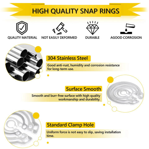Infographic showing features of 325 Piece Snap Ring Set For Axles And Shafts External Circlips C Clip Assortment Kit