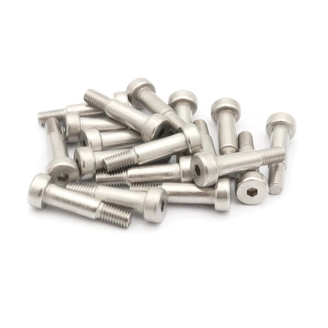 Pile of Heavy Duty 304 Stainless Steel Hex Socket Shoulder Bolts Pack Of 30 6mm X M5 X 15mm with socket cap head, silvery finish.