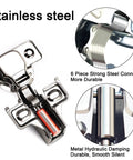 Close-up of stainless steel 24 Pack Half Inch Overlay Soft Close Cabinet Hinges, highlighting strong steel connectors and hydraulic damping.
