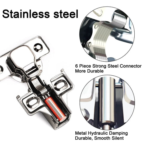 Close-up of stainless steel 24 Pack Half Inch Overlay Soft Close Cabinet Hinges, highlighting strong steel connectors and hydraulic damping.
