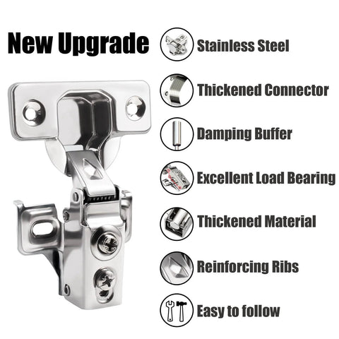 Close-up of stainless steel 24 Pack Half Inch Overlay Soft Close Cabinet Hinges with features like dampening buffer and thickened material