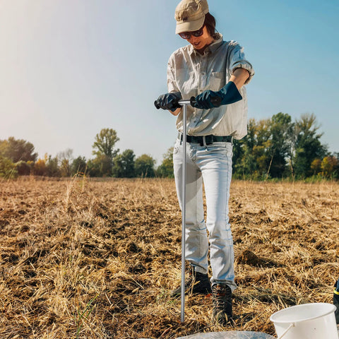Person using Stainless Steel Soil Probe Rod 32 To 48 Inch Adjustable Ground Rod Tool With T Handle And Sharp Tip in a field