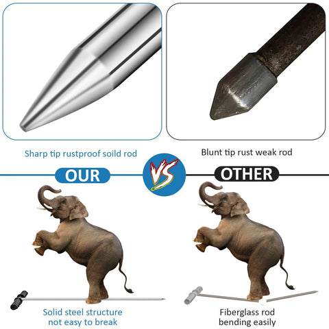Comparison of sharp tip stainless steel soil probe rod with blunt tip fiberglass rod, demonstrating durability with elephant illustration.