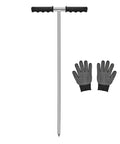 Stainless Steel Soil Probe Rod 32 To 48 Inch Adjustable Ground Rod Tool With T Handle And Sharp Tip beside gloves, for locating underground utilities.