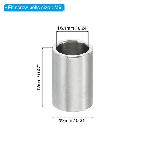 Durable Stainless Steel Spacers Set Five Pieces With 6.1mm ID 8mm OD And 12mm Length Fits Quarter Inch Or M6 Bolts Round Screw Standoffs