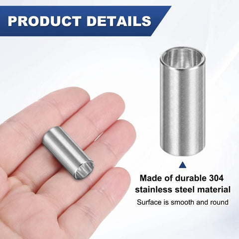 Hand holding 8 Pieces M8 304 Stainless Steel Spacers 8mm ID 10mm OD 22mm Length Round Screw Standoff Bushing Plain Finish. Ideal for DIY.