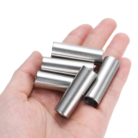 Hand holding five Heavy Duty Stainless Steel Spacer Set 3/8 Bore 1/2 OD 1-1/2 Inch Length For 3/8 Screws Bolts And Rods 304
