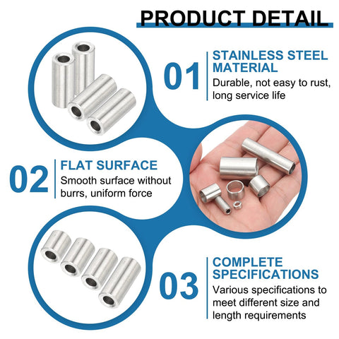 304 Stainless Steel Spacer Set 10 Pcs Round Metal Spacer 1/2 Inch Bore By 5/8 Inch OD By 1/4 Inch Length Unthreaded Screw Standoff For 3/8 Inch Screws Bolts And Rods displayed with specifications and in hand