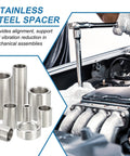 304 Stainless Steel Spacer Set 10 Pcs Round Metal Spacer 1/2 Inch Bore By 5/8 Inch OD By 1/4 Inch Length Unthreaded Screw Standoff For 3/8 Inch Screws Bolts And Rods displayed next to a mechanical assembly.