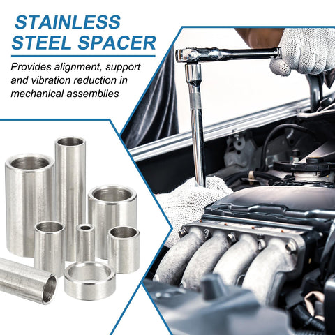 304 Stainless Steel Spacer Set 10 Pcs Round Metal Spacer 1/2 Inch Bore By 5/8 Inch OD By 1/4 Inch Length Unthreaded Screw Standoff For 3/8 Inch Screws Bolts And Rods displayed next to a mechanical assembly.