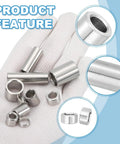 Durable Stainless Steel Spacers Kit for One Quarter Inch Screws and M6 Bolts Six Pieces held in hand, close-up view.