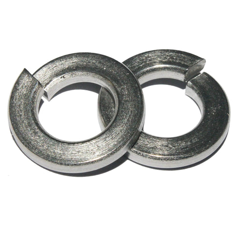 Close-up of two 5/16 Inch Split Lock Washers made from 18-8 Stainless Steel, showcasing durable design for preventing loosening under vibration.