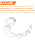 100 Pack Size 10 Stainless Steel Split Lock Washers For Screws And Bolts showing various washer sizes with weak magnetic properties text
