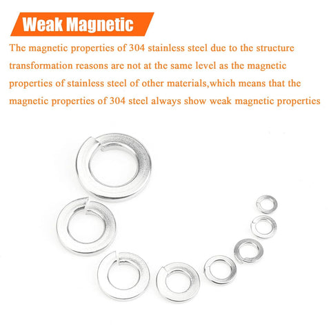 100 Pack Size 10 Stainless Steel Split Lock Washers For Screws And Bolts showing various washer sizes with weak magnetic properties text