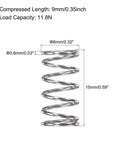 Stainless Steel Compression Spring 8mm OD 0.8mm Wire 9mm Compressed Length 15mm Free Length 11.8N Load 304 Stainless For DIY Projects Pack Of 10 Silver Tone Durable Corrosion Resistant side view with measurements