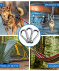 20 Pcs 304 Stainless Steel Spring Clasp Carabiners M4 Heavy Duty Hooks in use with pet leash, keychain, tent setup, and hammock hanging