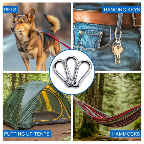 20 Pcs 304 Stainless Steel Spring Clasp Carabiners M4 Heavy Duty Hooks in use with pet leash, keychain, tent setup, and hammock hanging
