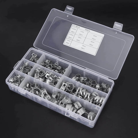 Box of 160Pcs 304 Stainless Steel Spring Clips Hose Clamps Set In Eight Sizes 6.5 To 18 Millimeter for fuel, pipe, and cable clamps.