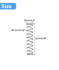 Diagram of a metal spring with dimensions, 5 mm diameter and 25 mm height, labeled for size detail.