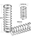 Stainless steel springs with length, outer diameter, and wire diameter shown. Part of the ✝️ 390-Pack Utility Cart for daily transport tasks.