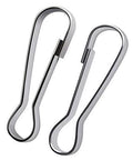 Close-up of two 304 stainless steel spring hook clips from a 100 Pack 25mm, ideal for lanyards, key chains, and ID cards.