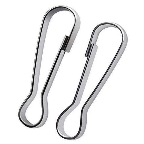Close-up of two 304 stainless steel spring hook clips from a 100 Pack 25mm, ideal for lanyards, key chains, and ID cards.
