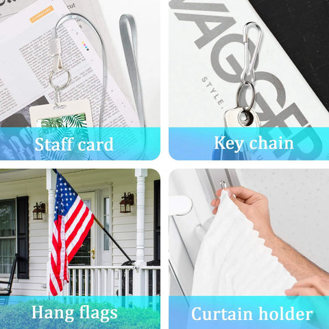 Premium 304 Stainless Steel Spring Hooks Set 250 Pieces in Six Sizes shown as staff card holder, key chain, flag, curtain clips.