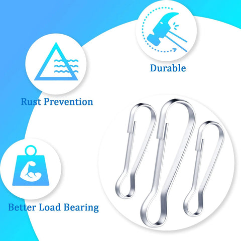 Premium 304 Stainless Steel Spring Hooks Set 250 Pieces in Six Sizes shown with rust prevention and durability icons
