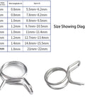 50 Pcs Stainless Steel Spring Hose Clamps Set For Air And Water Hoses With 10mm Inner Diameter Durable Tube Fastener Clip High Quality Metal Clip For Secure Hose Connections In Automotive Plumbing And Home Applications, shown with size diagram
