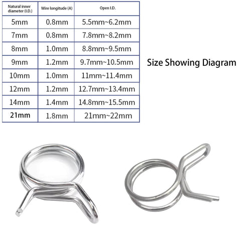 50 Pcs Stainless Steel Spring Hose Clamps Set For Air And Water Hoses With 10mm Inner Diameter Durable Tube Fastener Clip High Quality Metal Clip For Secure Hose Connections In Automotive Plumbing And Home Applications, shown with size diagram