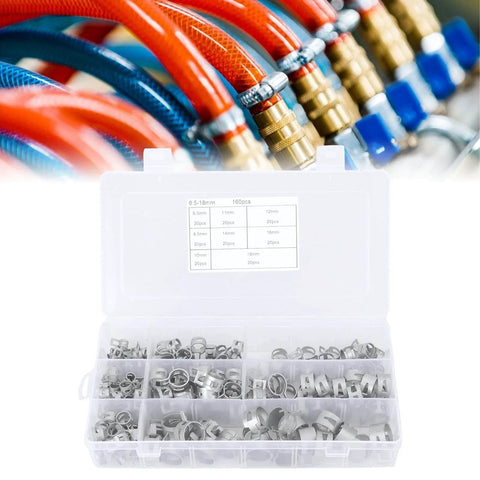 160Pcs 304 Stainless Steel Spring Clips Hose Clamps Set In Eight Sizes 6.5 To 18 Millimeter in plastic case, hose connection view
